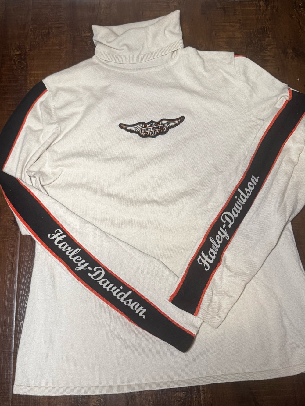 Vintage Y2K Harley Davidson Women’s L Turtleneck Sweater Spellout Sleeve Biker
